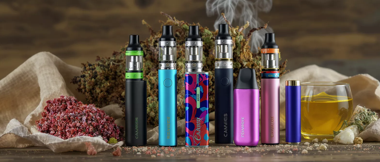 Various vape devices and accessories displayed artistically
