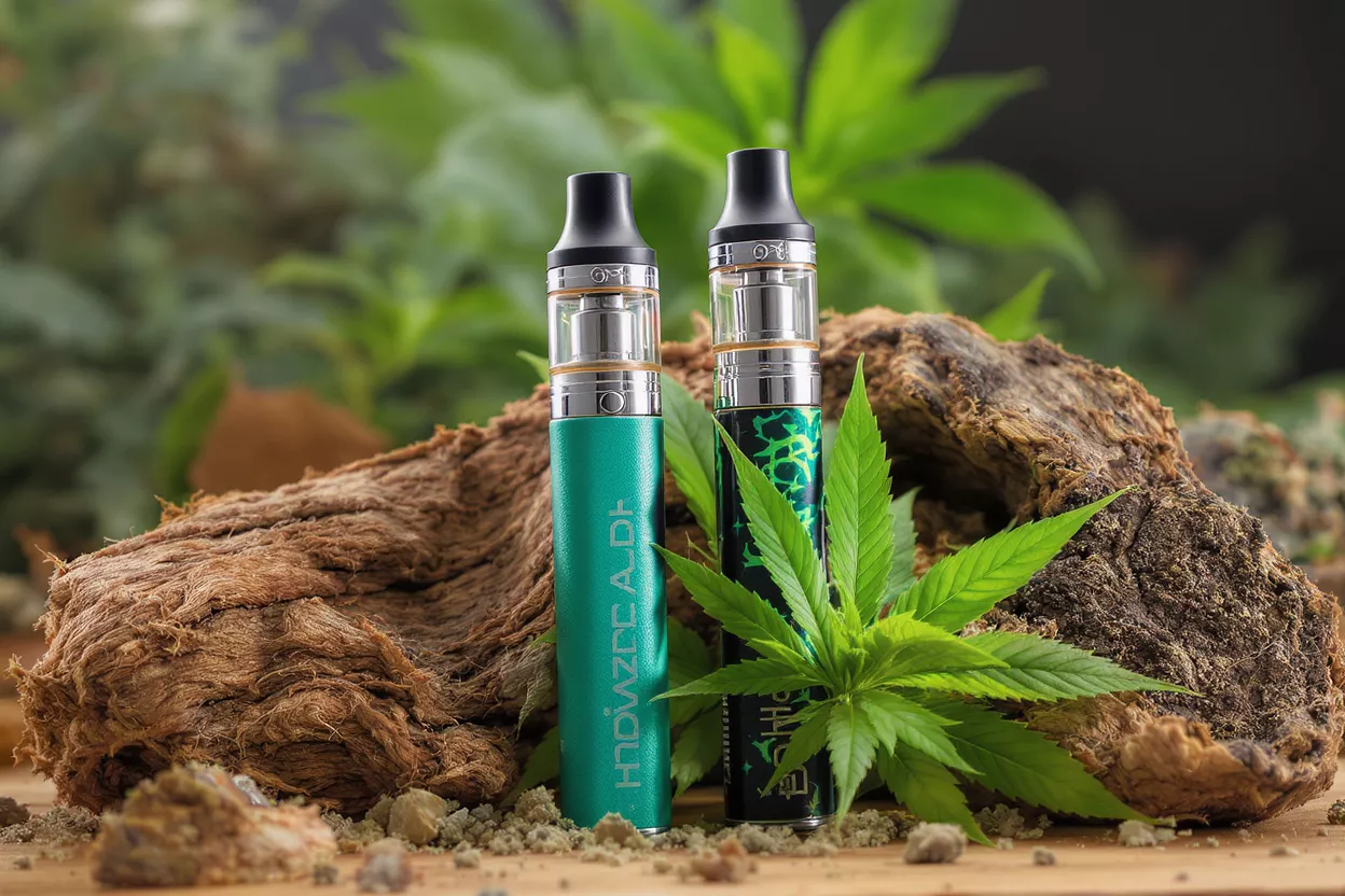 Two vape devices surrounded by green leaves