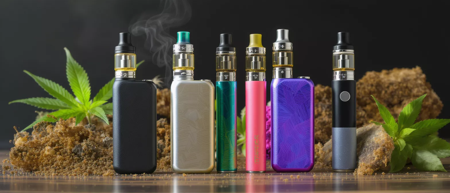 Assorted vaping devices next to cannabis plants