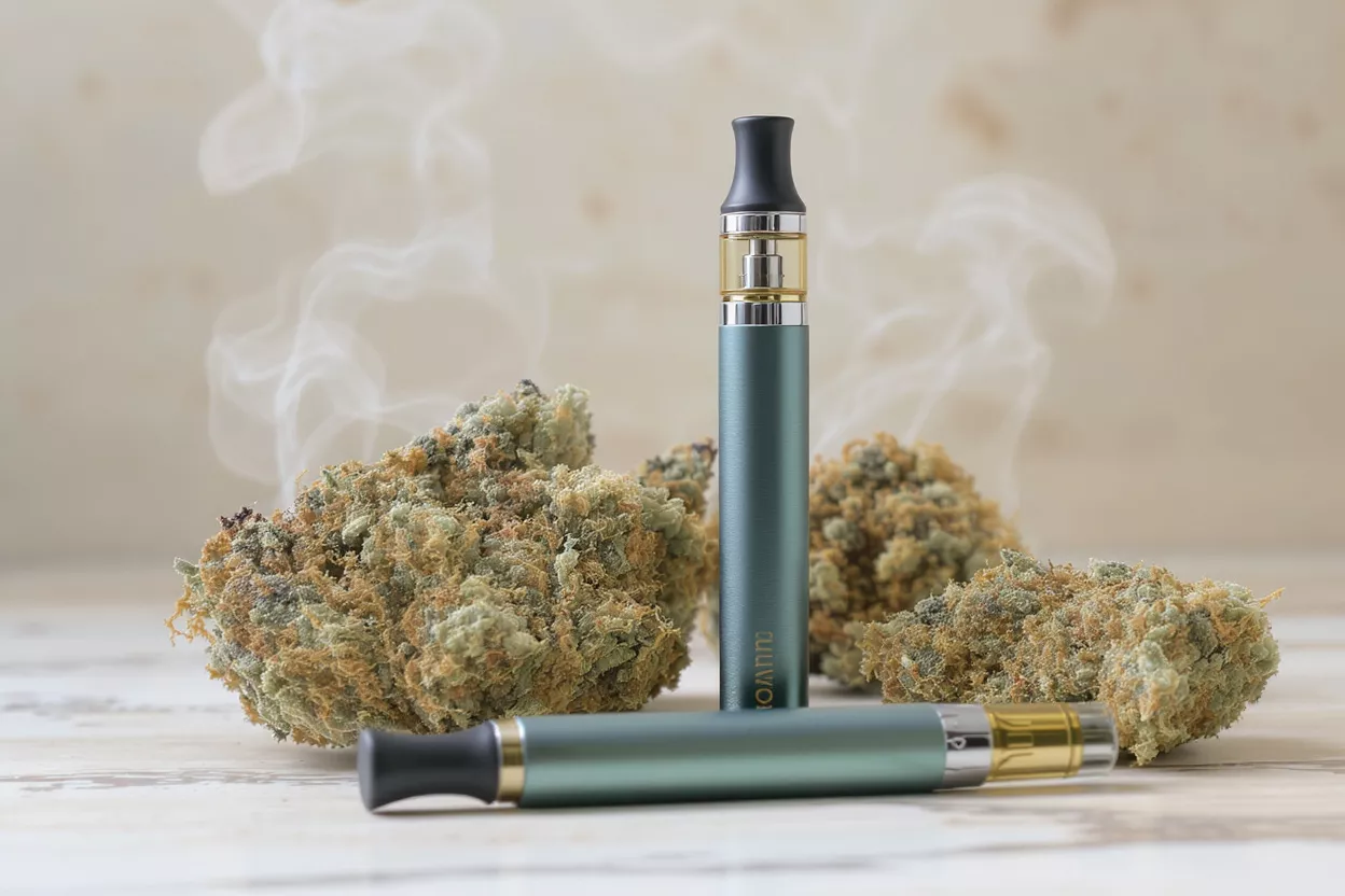 A vaporizer next to cannabis buds with smoke