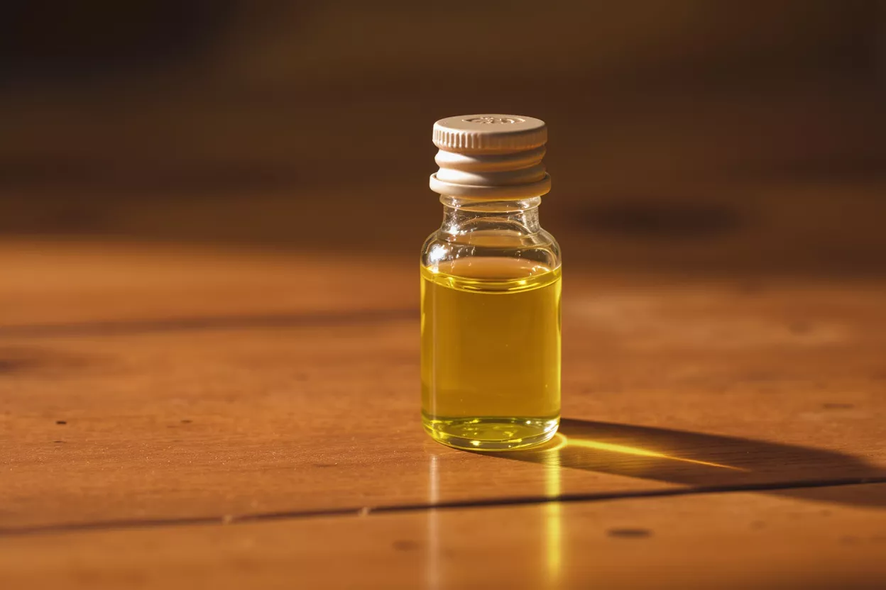 A small glass bottle filled with yellow liquid, casting a shadow on a wooden surface.