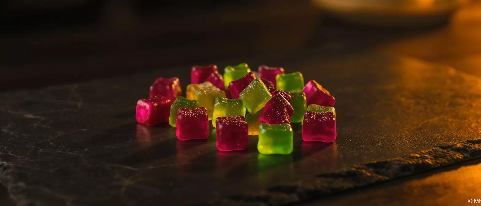 Pile of red and green gummy candies on a dark slate surface, with sugar crystals.
