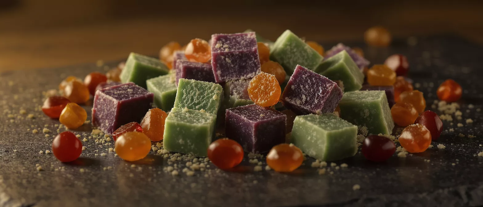 A close-up of vibrant green and purple square gummies with round orange and red candies.