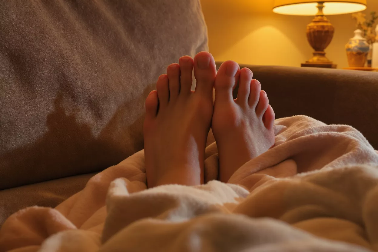 Bare feet peeking out from under a soft blanket in a warm, dimly lit room.