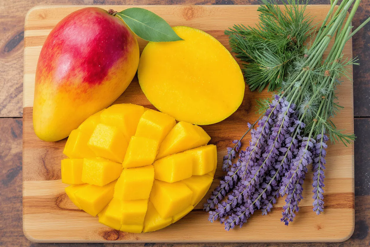 Whole, half, and diced mangoes with lavender and pine on a cutting board.
