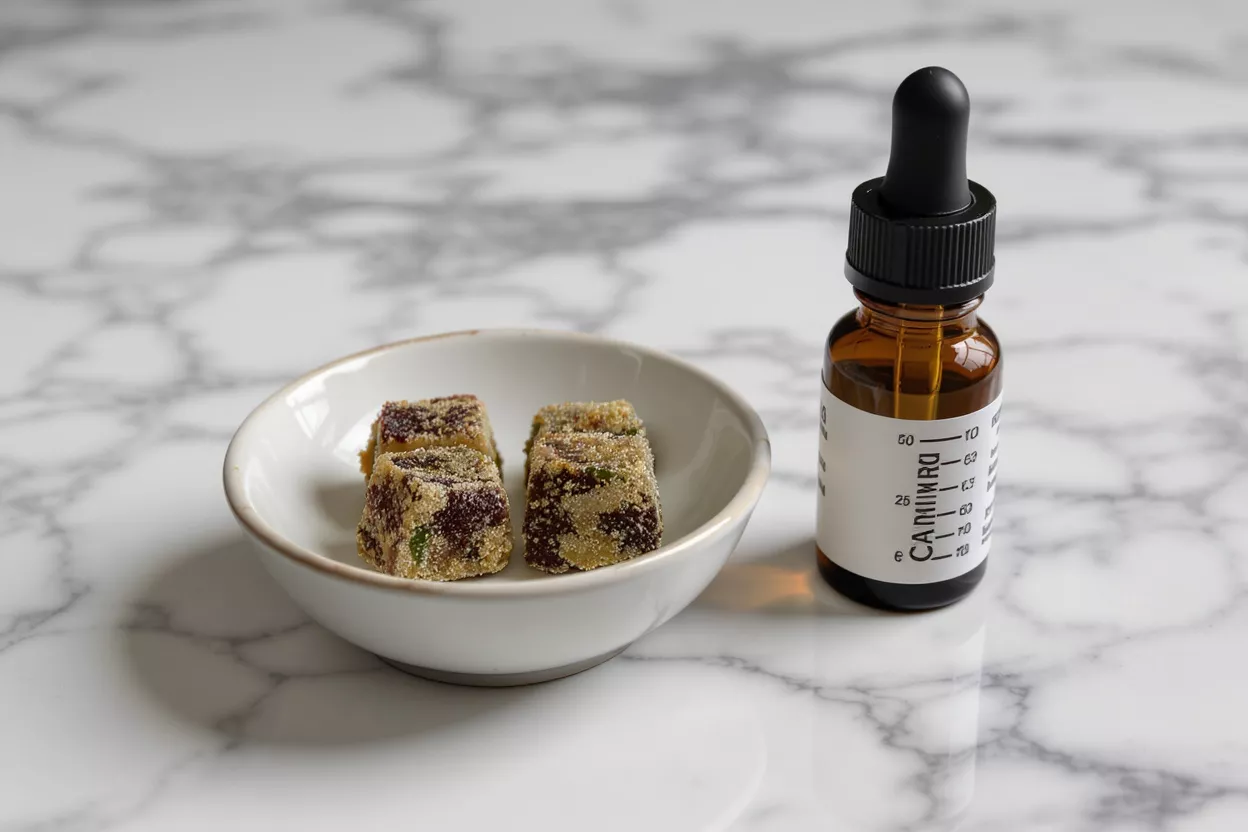 CBD gummies in a bowl next to a dropper bottle on a marble surface.