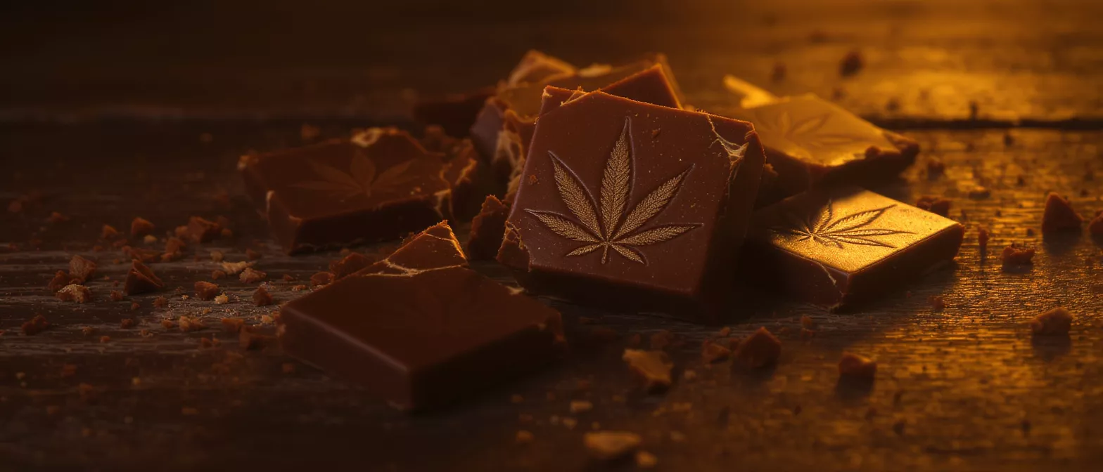 Close-up of cannabis-infused chocolate squares with marijuana leaf imprints on a wooden surface.