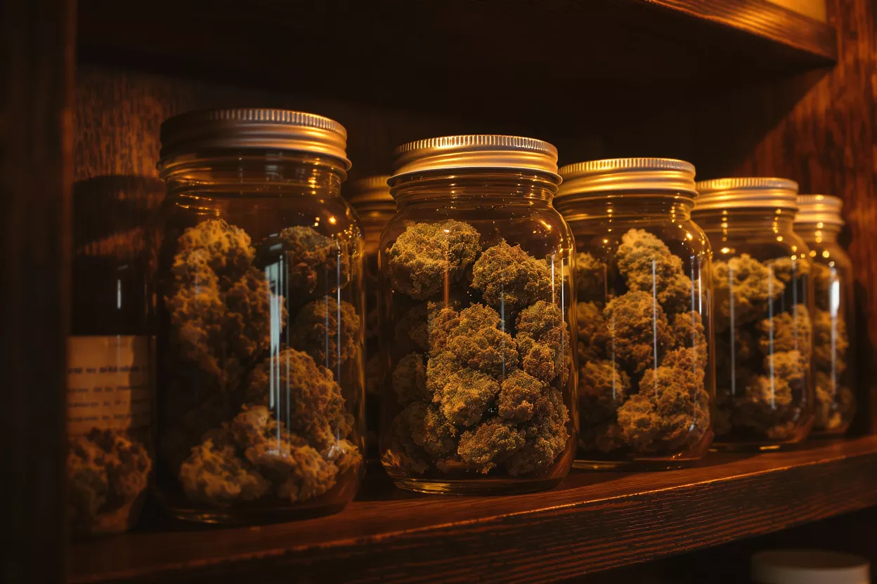 Cannabis Jars on Display Several glass jars filled with cannabis buds displayed on a wooden shelf.