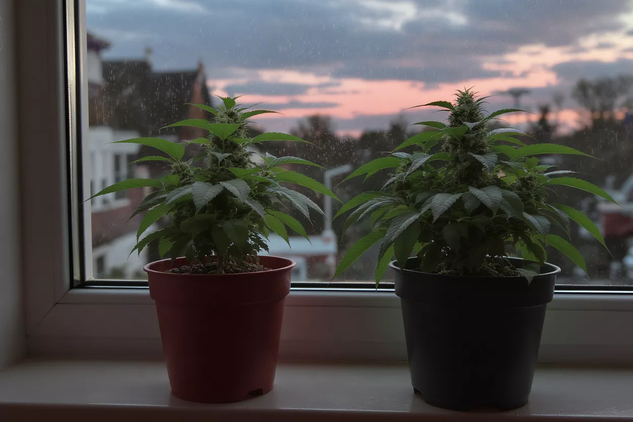 Potted Cannabis Plants at Sunset Two potted cannabis plants on a windowsill with a colorful sunset sky.