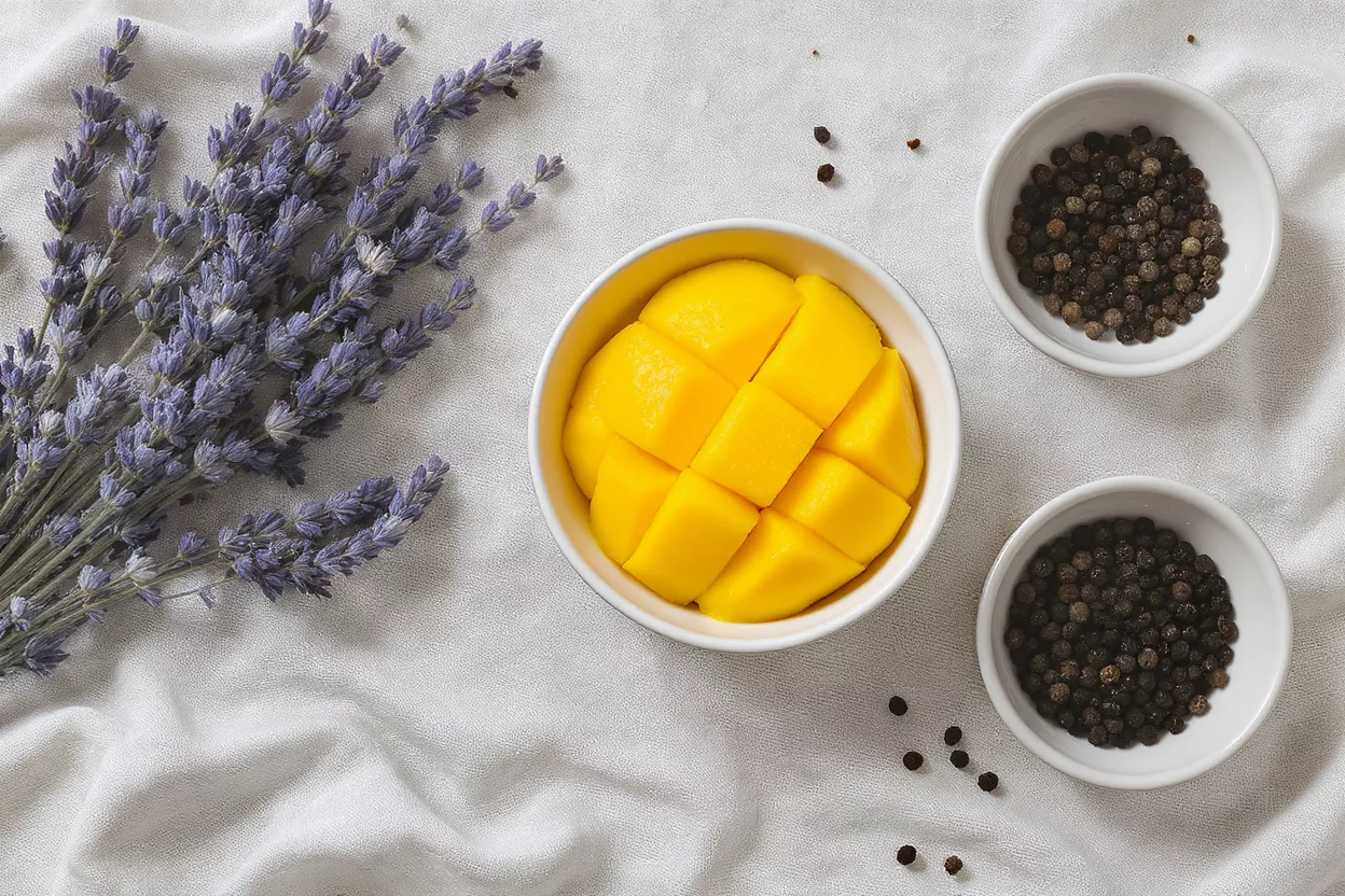 Mango, Lavender, and Black Pepper Overhead view of sliced mango, lavender, and black peppercorns on a white cloth.