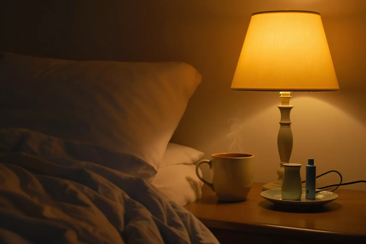 Cozy Bedside Table with Warm Light Steaming mug, lamp, and diffuser on a bedside table in warm, cozy light.
