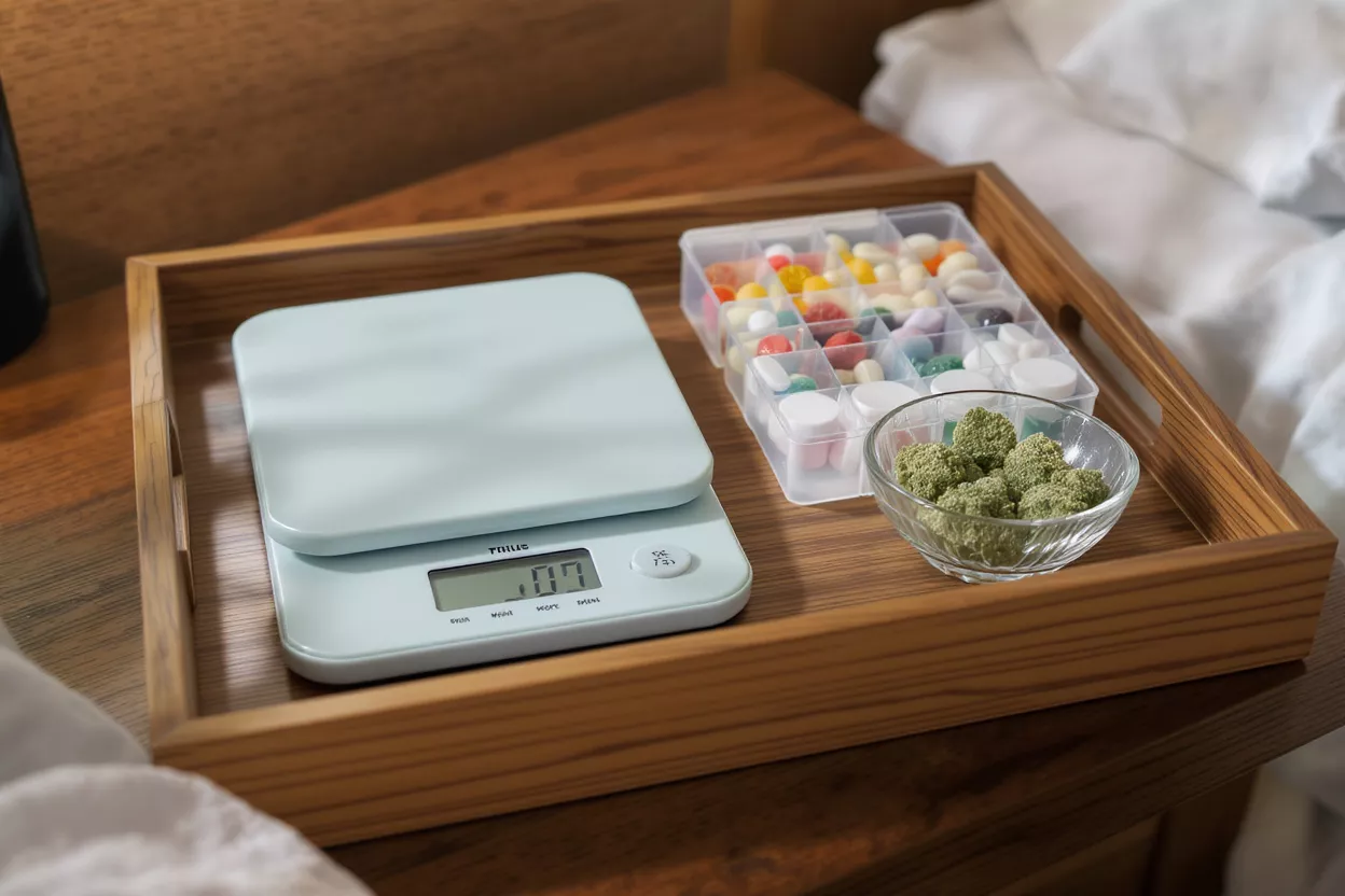 Digital Scale with Gummies Digital scale, colorful gummies, and a bowl of green edibles on a wooden tray.
