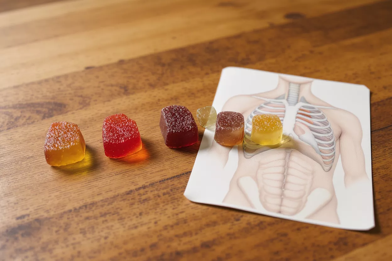 Colorful gummies on a wooden table next to a human anatomy diagram.