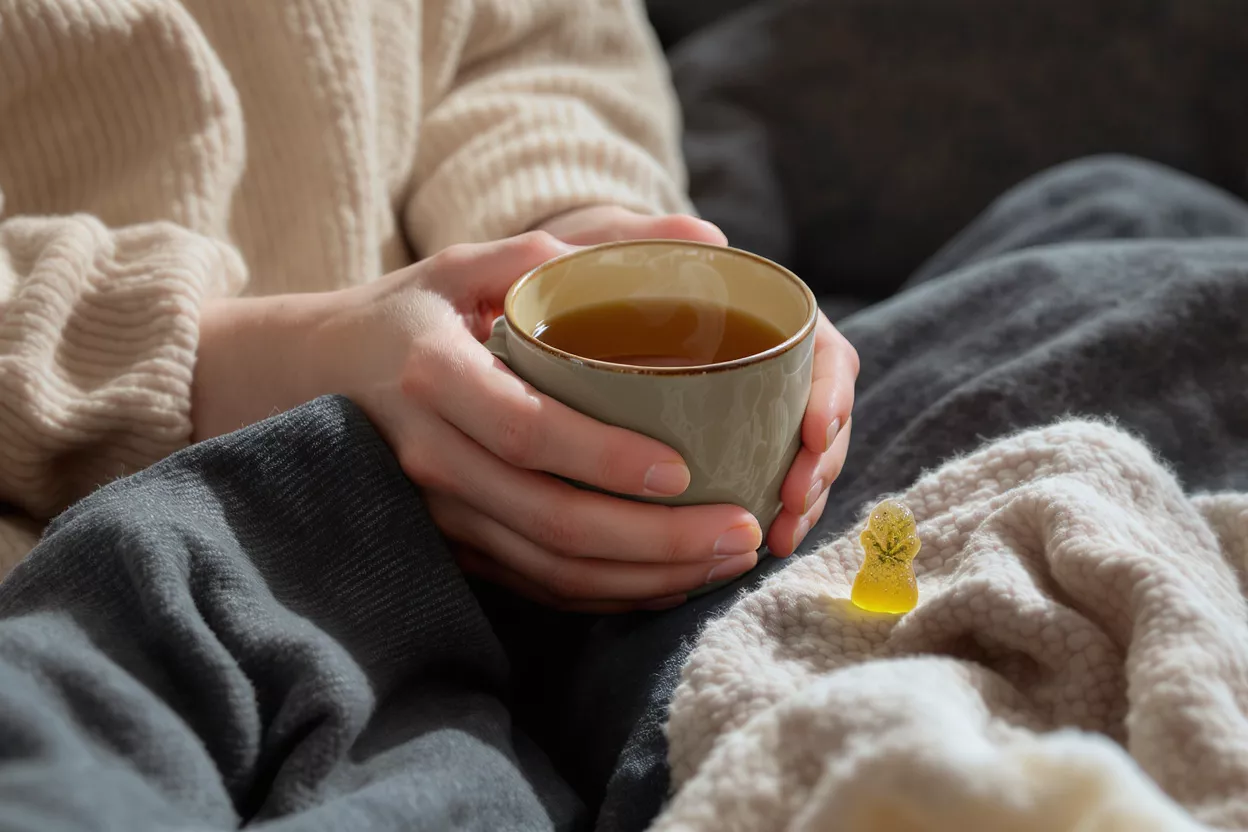 Hands holding a tea cup next to a cannabis leaf shaped gummy on a blanket.
