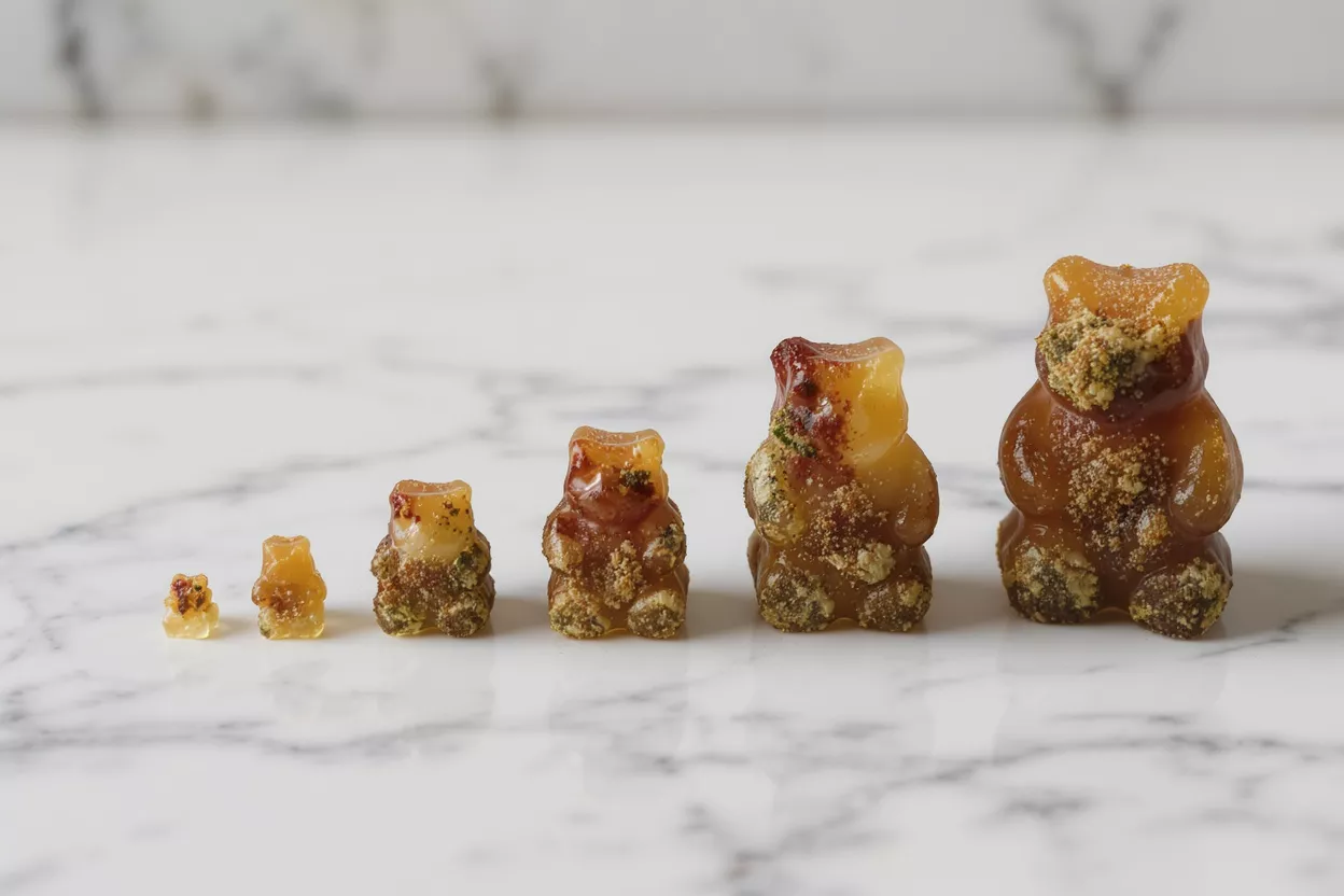 Five textured gummy bears increasing in size on a white marble surface.