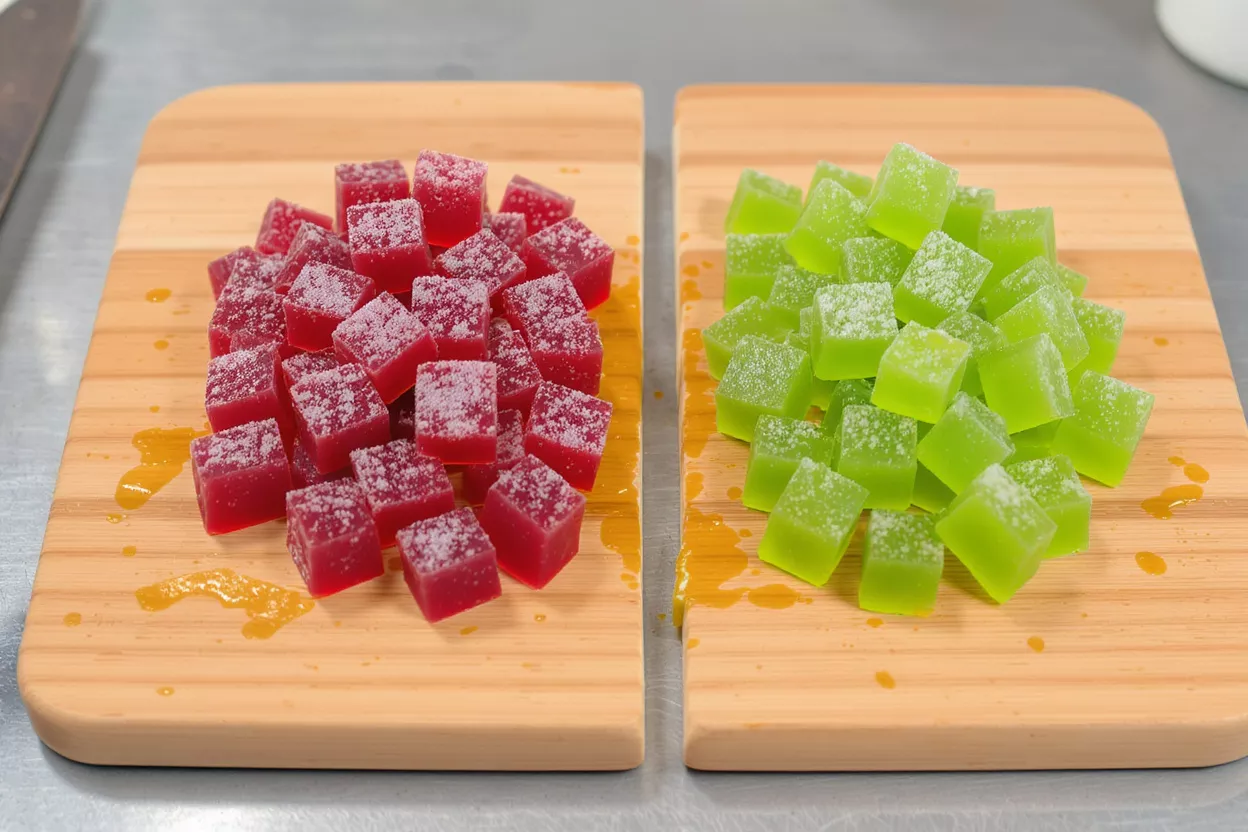 Two piles of sugar-dusted gummy candies, one red and one green, on wooden boards.