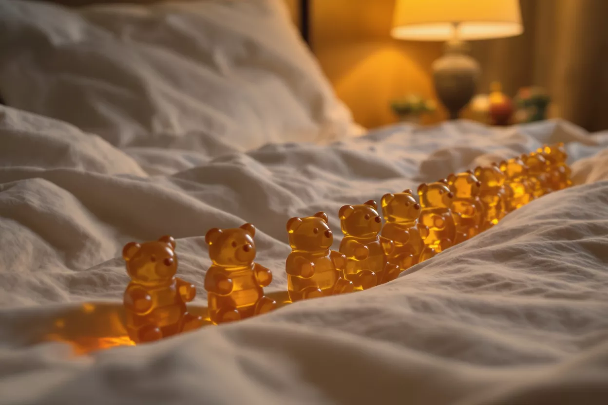 Une rangée d'oursons en gélatin ambrés sur des draps blancs avec une lampe chaude en arrière-plan.