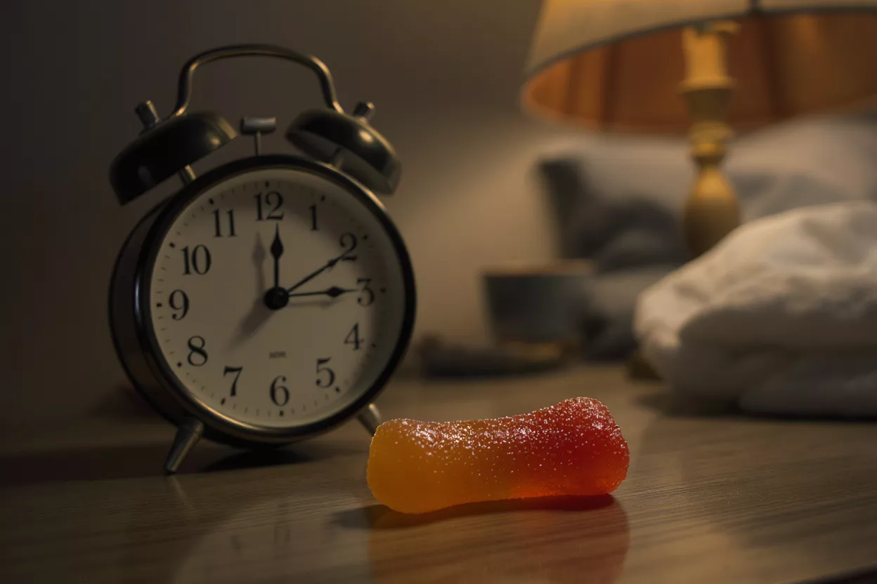 Un bonbon en gomme rouge et orange sur une table de chevet à côté d'un réveil.
