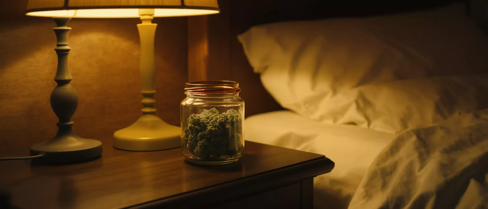 Glass jar of cannabis buds on a bedside table next to two lamps and a bed.