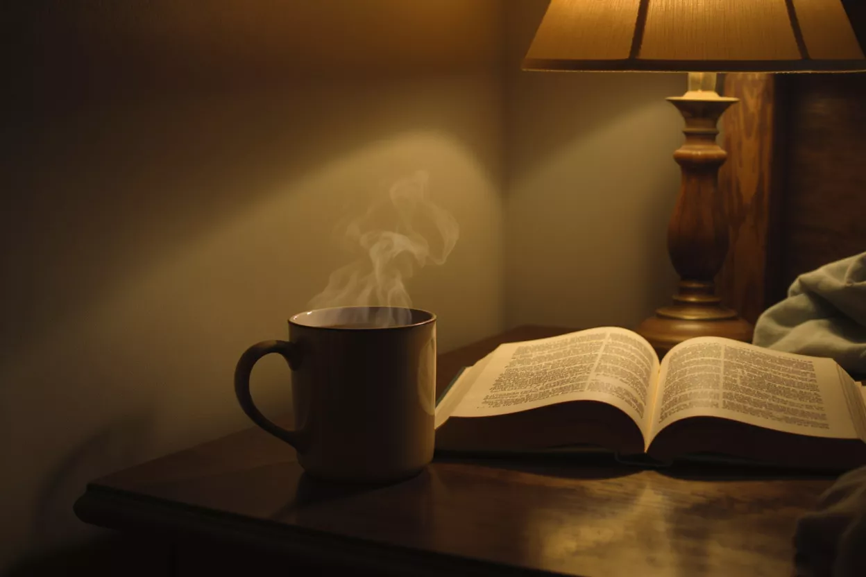 Noche acogedora de lectura Taza de café humeante y libro abierto sobre una mesita de noche con luz cálida de lámpara.
