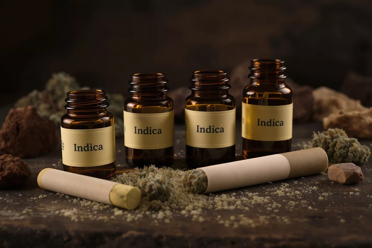 Productos de Cannabis Índica Cuatro frascos ámbar etiquetados «Indica» con flor de cannabis, kief y pre-rolls sobre una superficie oscura.