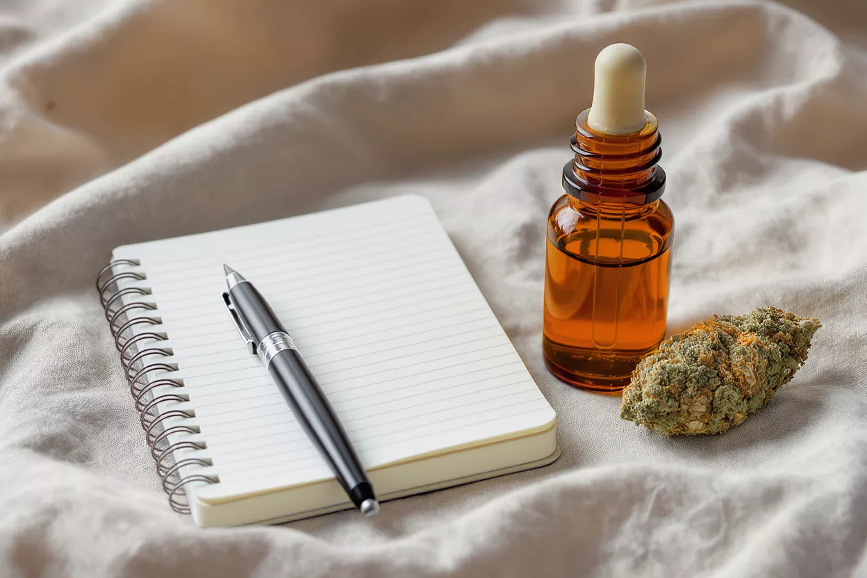 Aceite de cannabis, cogollo, cuaderno y bolígrafo Frasco gotero de aceite de cannabis, cogollo seco, cuaderno y bolígrafo sobre una tela clara.