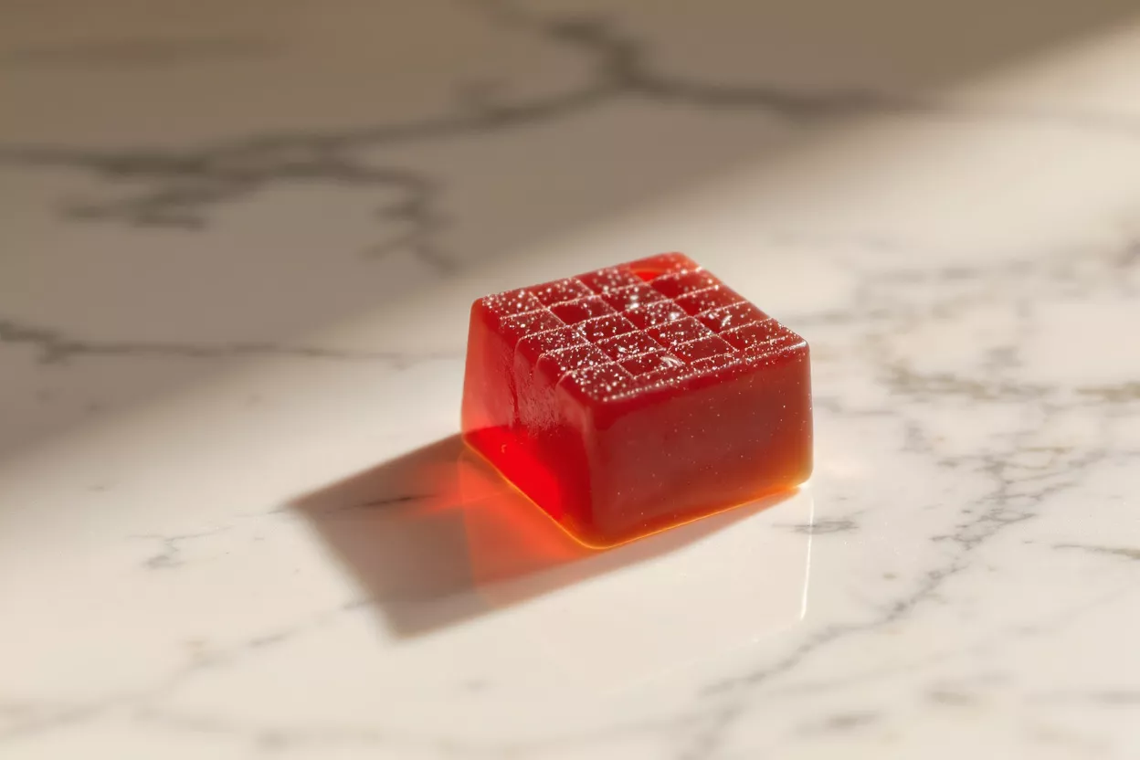 A translucent red square gummy with a grid pattern on top, on a marble surface.