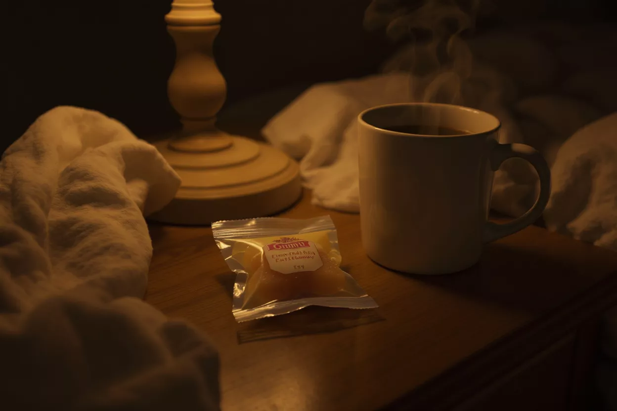 Steaming mug of tea, candy packet, and lamp on a dark wooden nightstand.