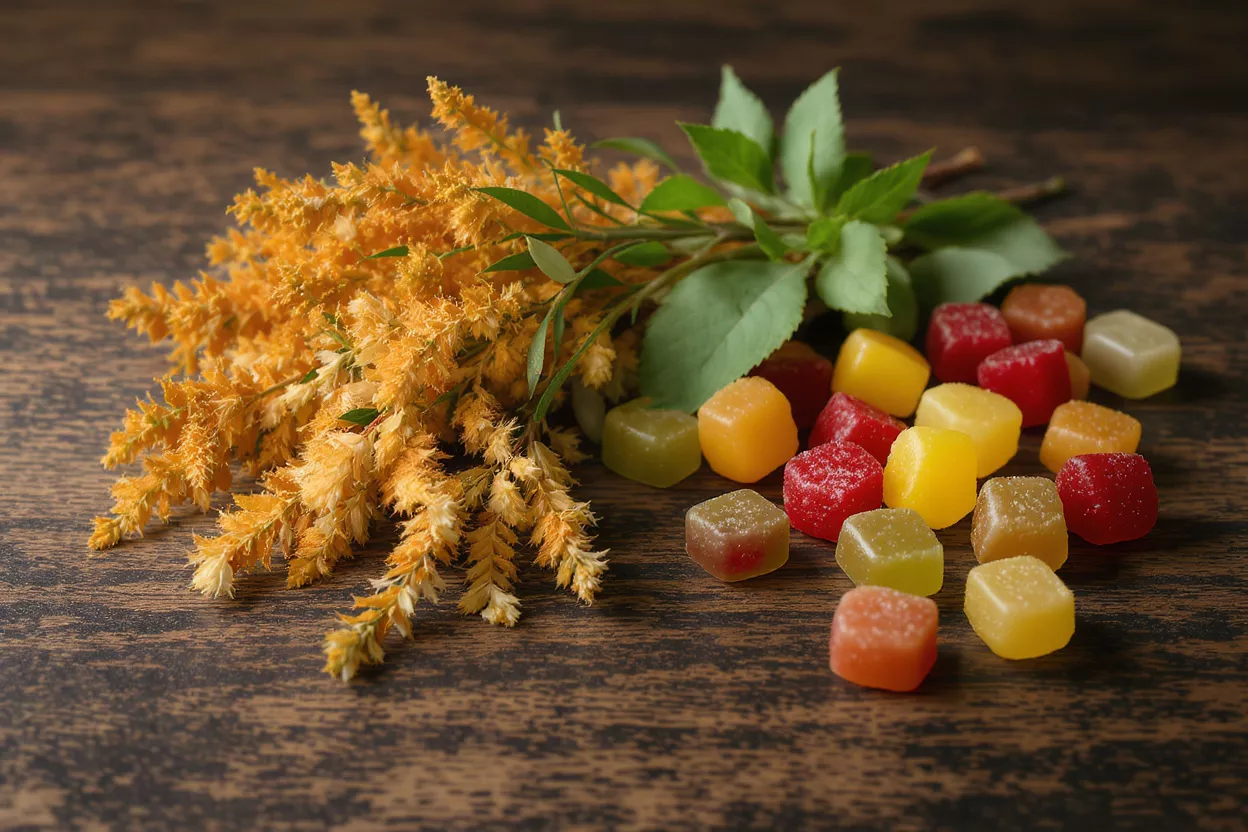 Colorful square gummies with flowers and green herbs on a dark wooden surface.