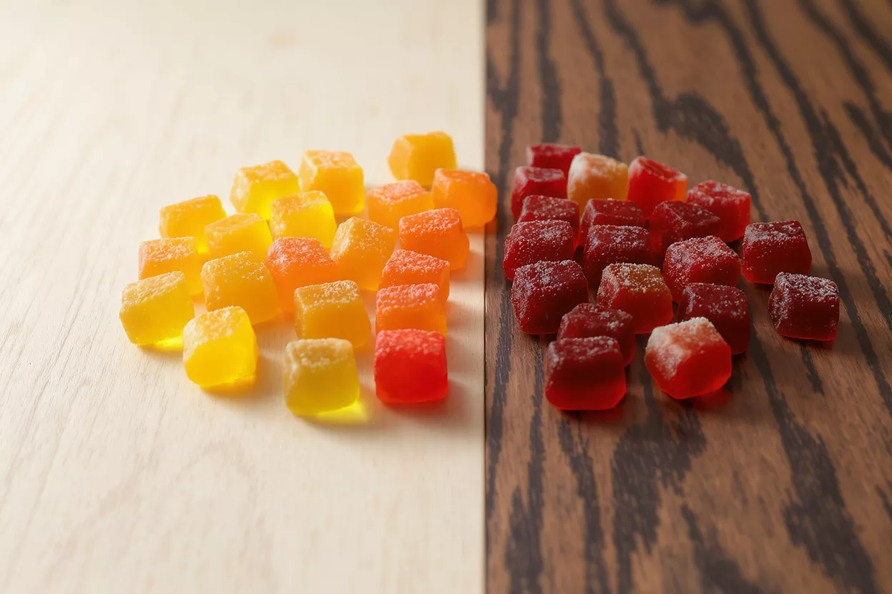Yellow, orange, and red gummy cubes on a split light and dark wood background.
