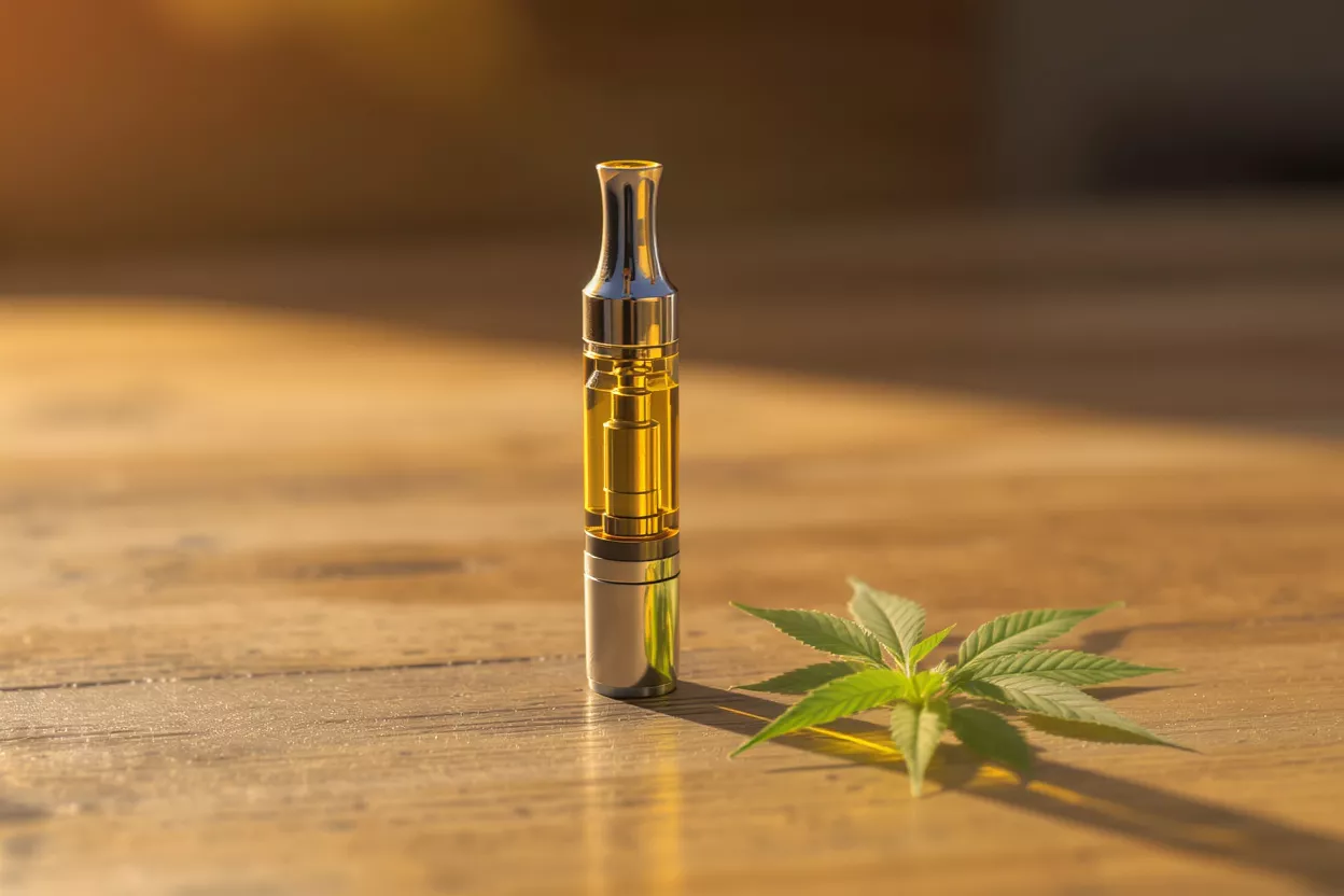 Cartucho vape CBD con aceite dorado junto a una hoja de cannabis verde sobre madera.