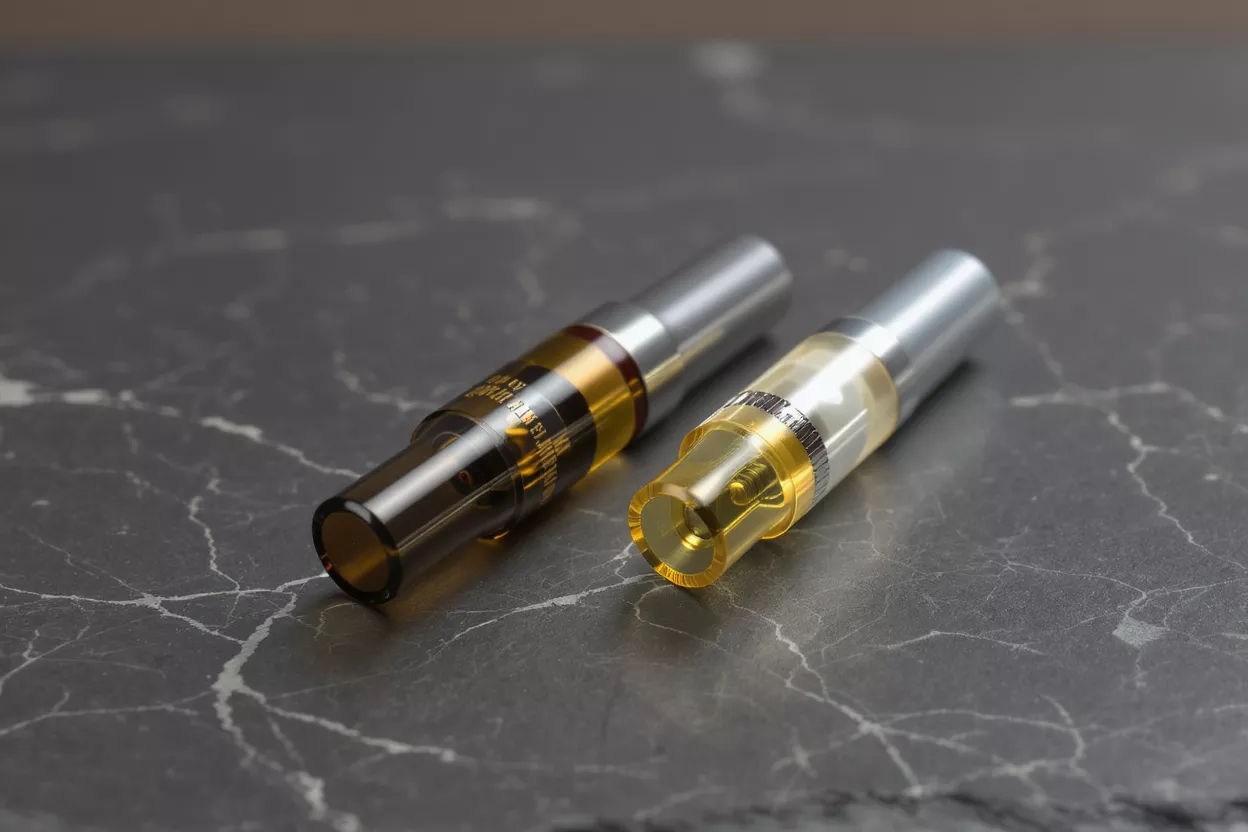 Dos cartuchos de vapeo con aceites de diferentes colores sobre una superficie de mármol oscuro.