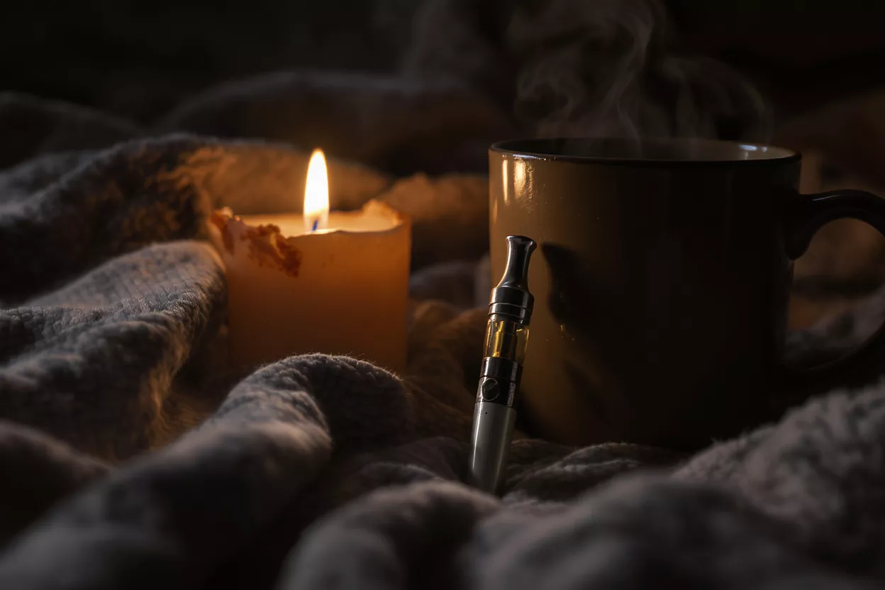 Vapeador, vela encendida y taza de café humeante sobre una manta acogedora.