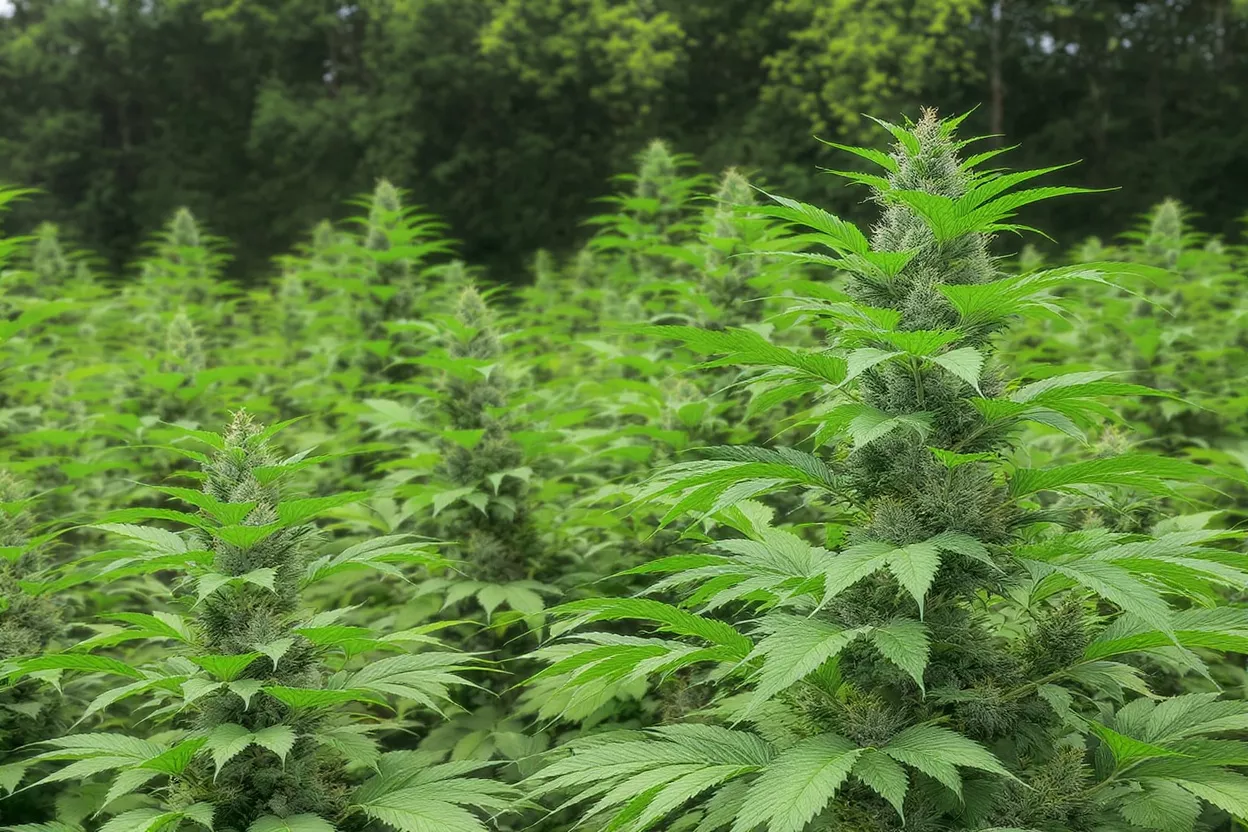 Lush Cannabis Field with Budding Plants A vibrant green field of cannabis plants with prominent buds and foliage.