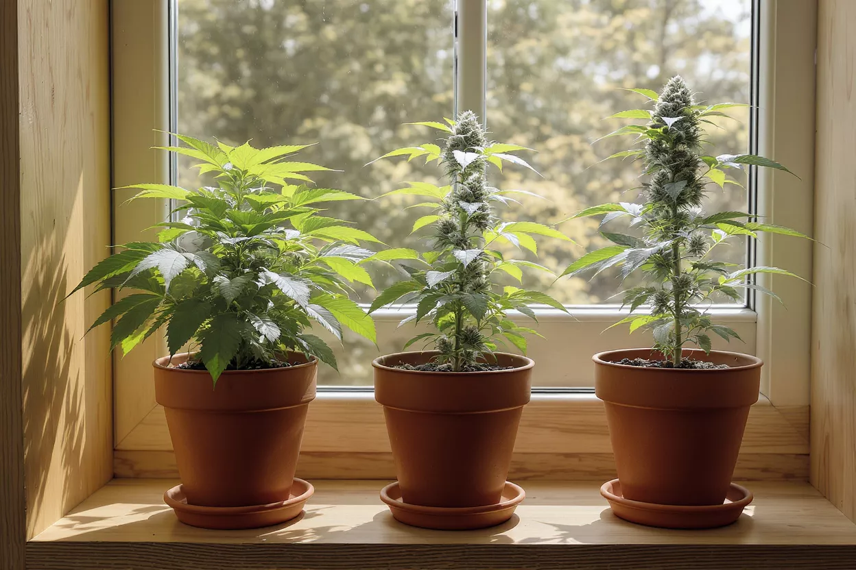 Three cannabis plants in terracotta pots on a sunlit windowsill.