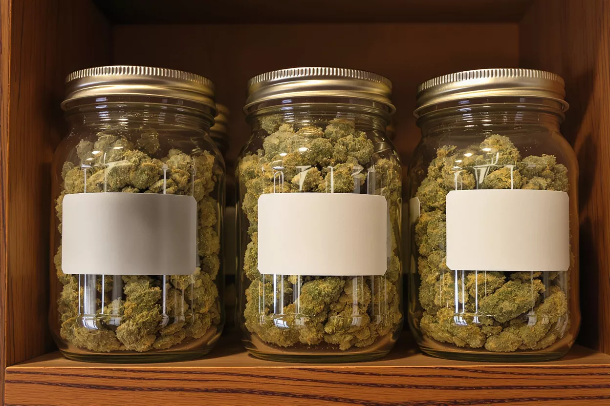 Cannabis Jars on Display Three glass jars filled with cannabis buds, each with a blank white label.
