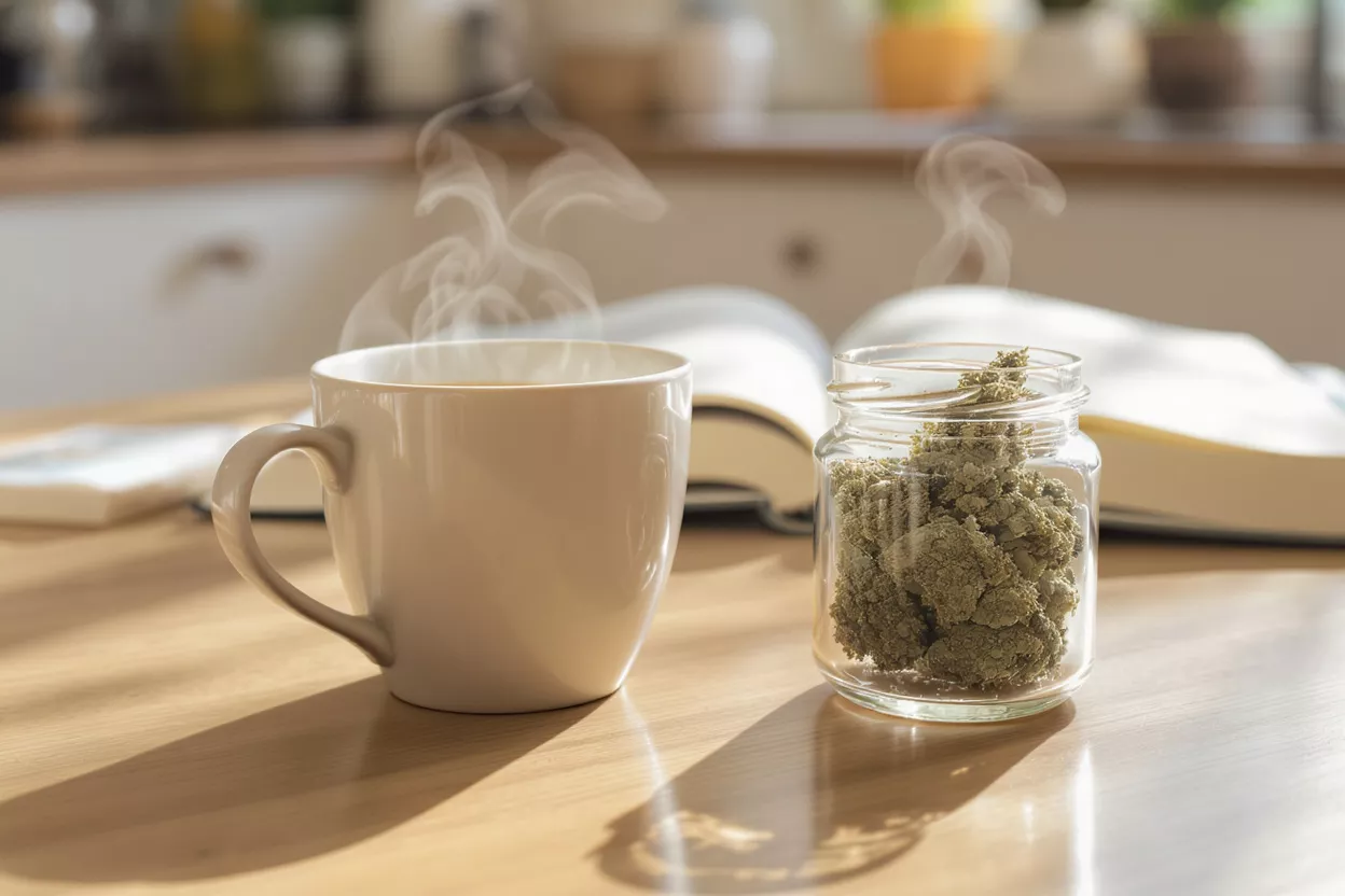 Steaming coffee mug and jar of cannabis buds on a sunlit wooden table.