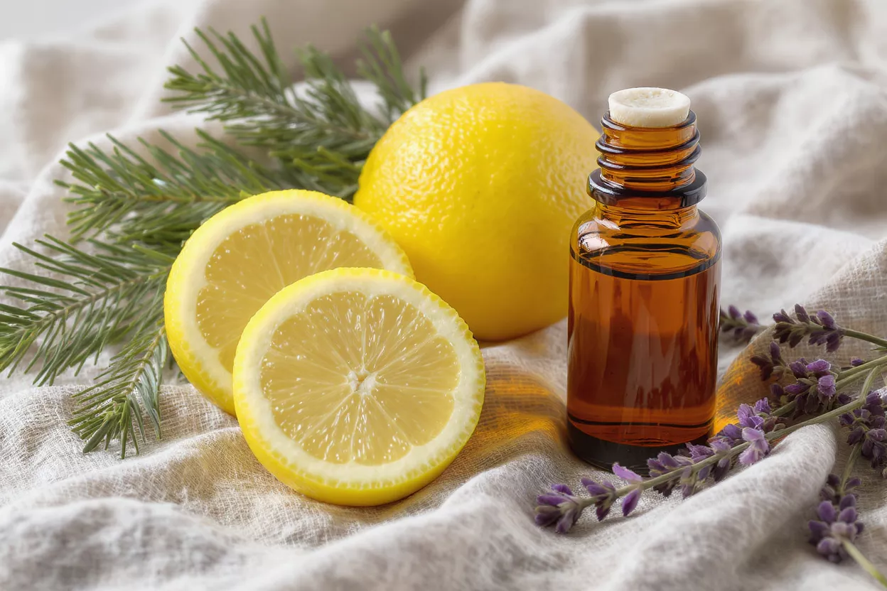 Lemon Essential Oil with Lavender Lemon essential oil bottle with fresh lemons, pine, and lavender on linen.