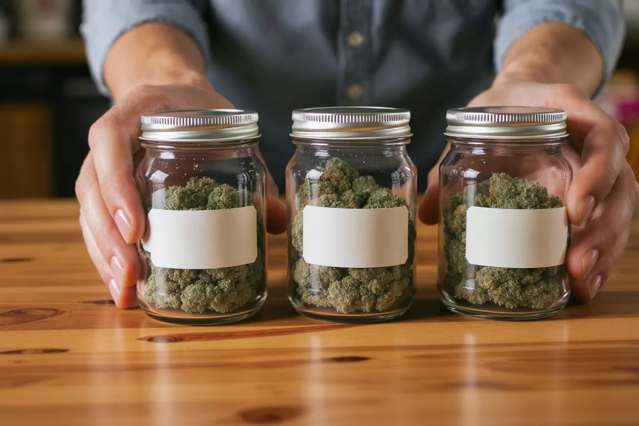 Three glass jars filled with cannabis buds, each with a blank label.