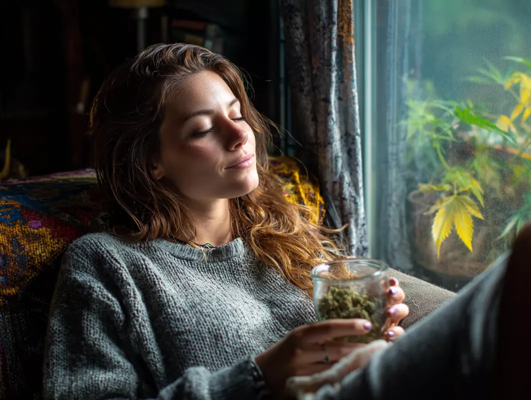 Young woman in gray sweater relaxing with herbal jar on vibrant couch by lush window.