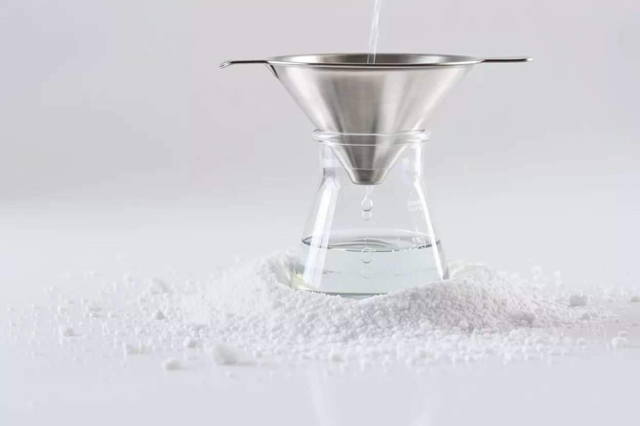 Water pouring through a metal funnel into an Erlenmeyer flask surrounded by white powder.