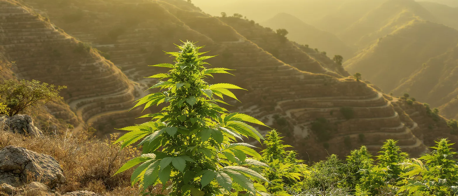 Lush green cannabis plant with buds against terraced mountains at sunset.