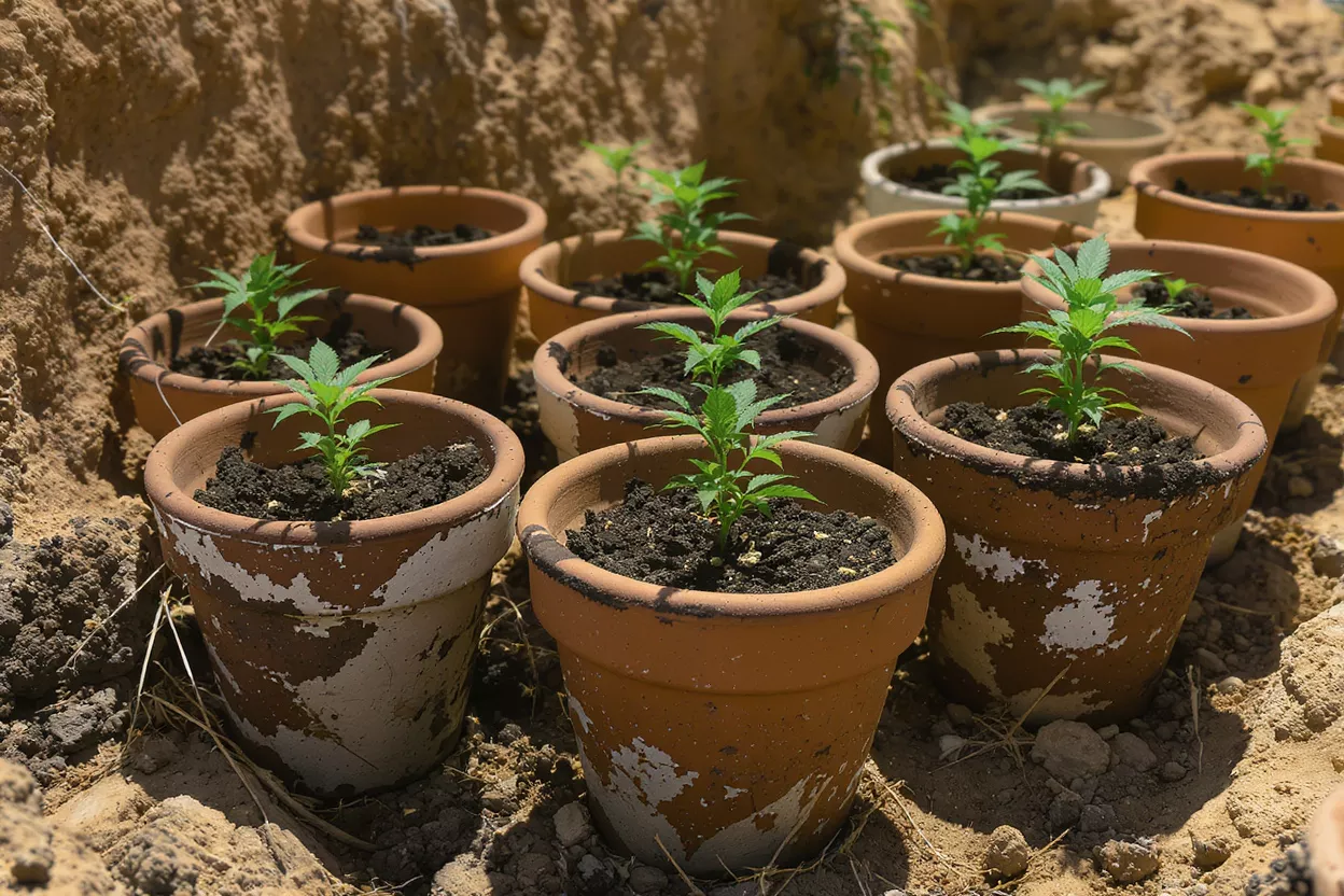 Green plants growing in terracotta pots outdoors