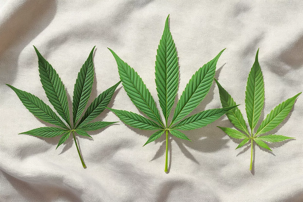 Three cannabis leaves arranged on soft fabric
