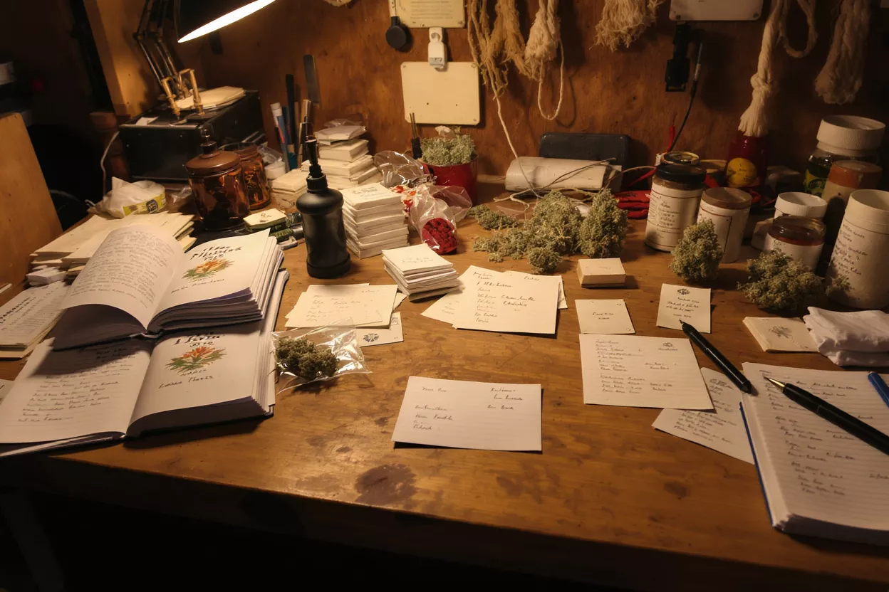 A cluttered wooden workspace filled with notes and herbs