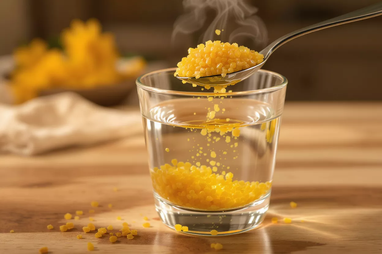 Spoonful of yellow wax beads above a glass of water, some melting.