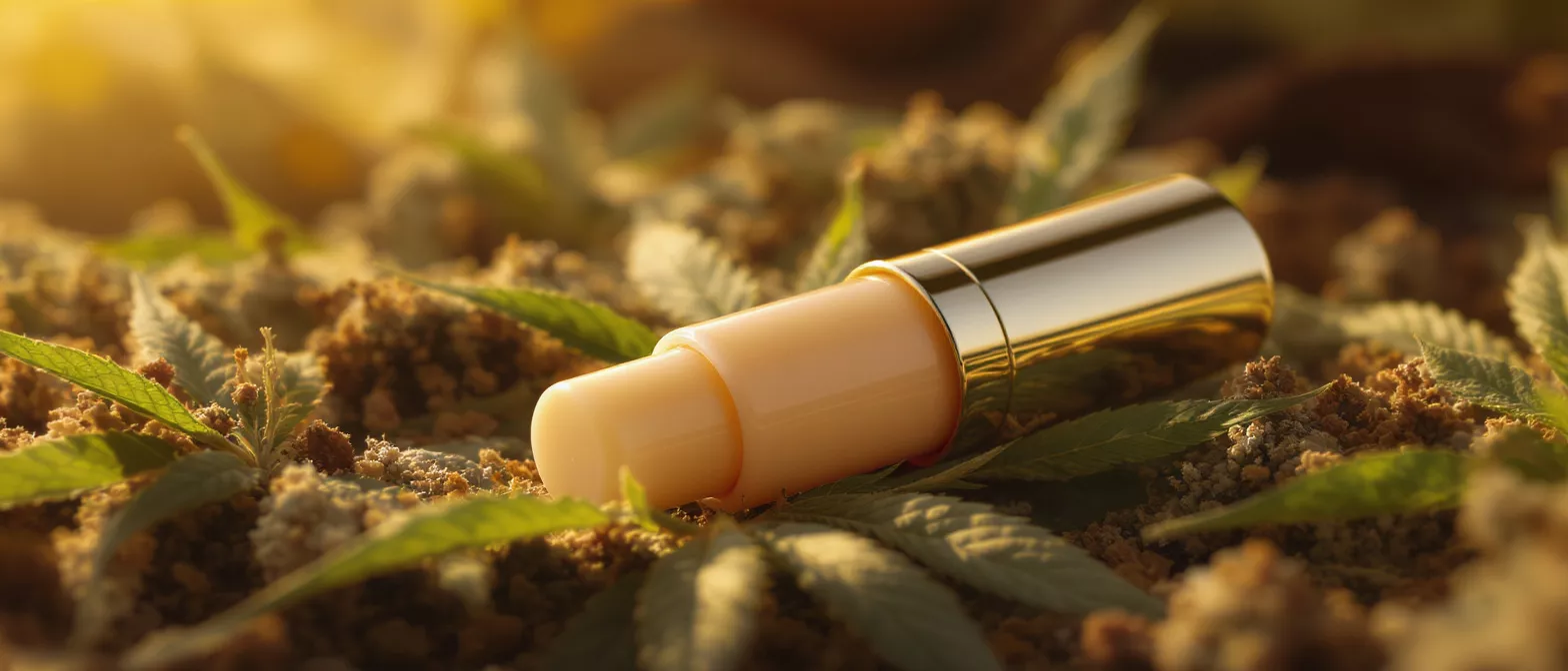 Cannabis lip balm on green leaves and soil
