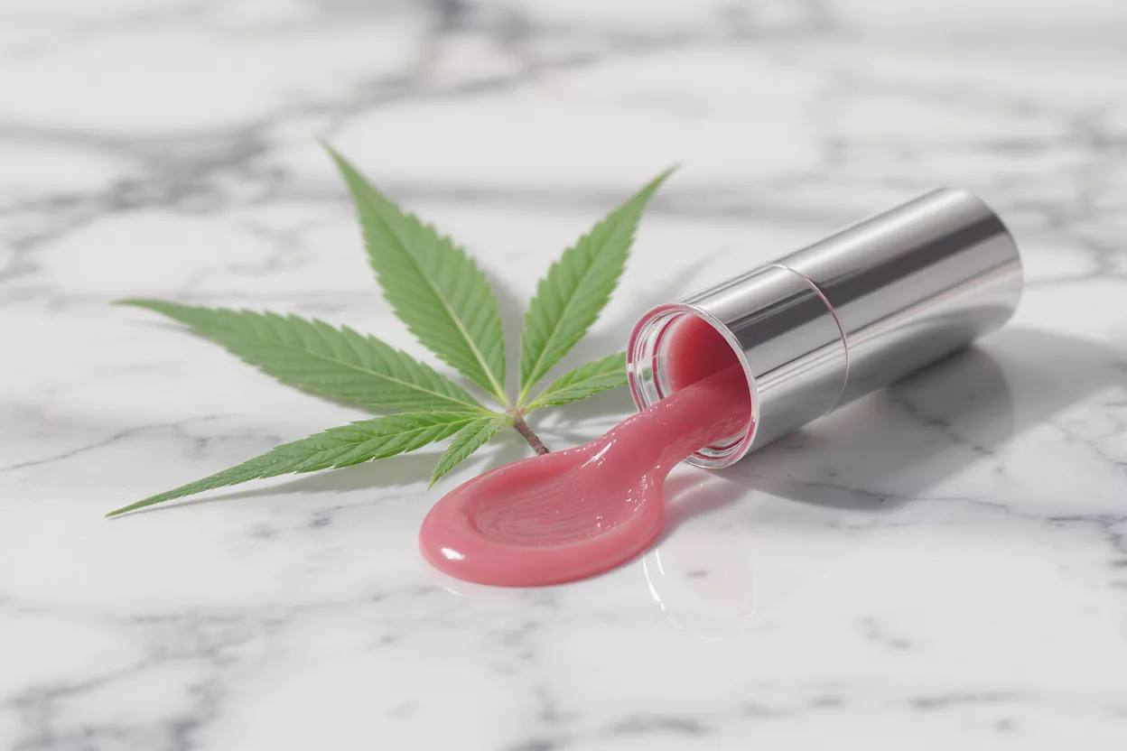 Cannabis Lip Gloss Opened lip gloss tube with pink gloss and cannabis leaf