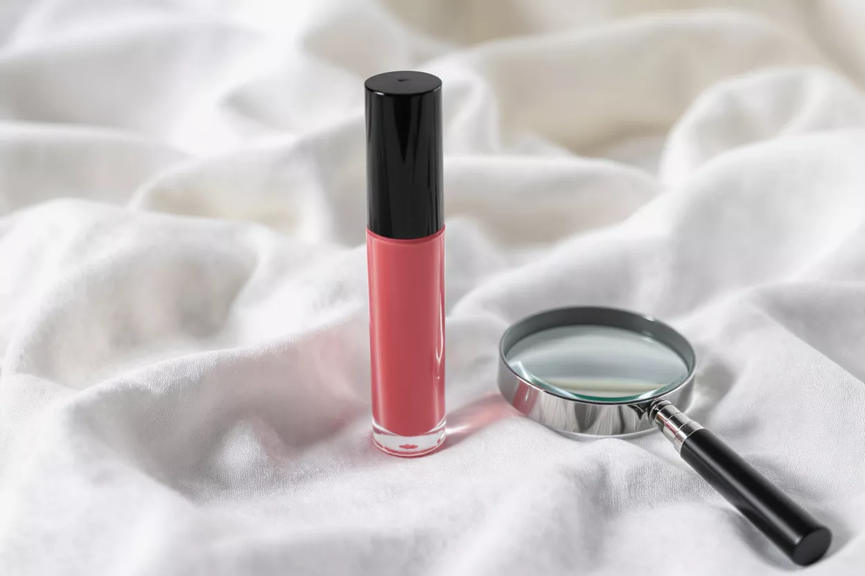 Lip Gloss and Magnifying Glass A pink lip gloss tube next to a magnifying glass