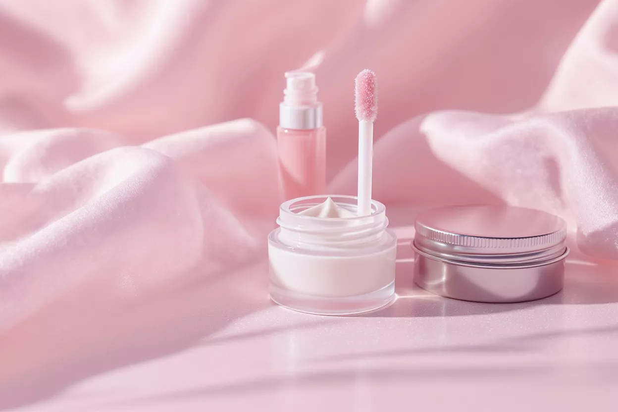 Elegant Pink Cosmetics Display Variety of pink cosmetics on a soft pink background
